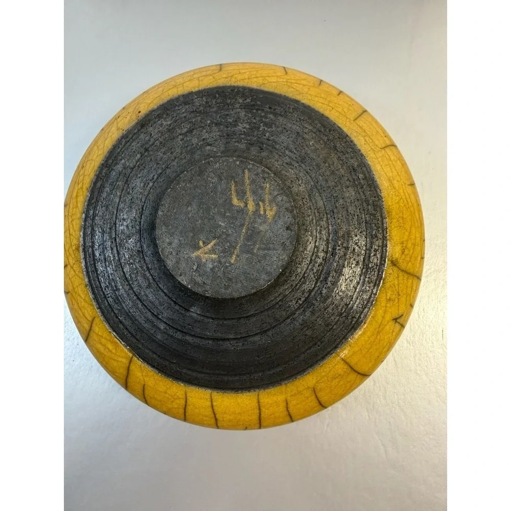 Lily Yellow Crackle Glaze Studio Pottery Vessel‎ Vase with Matte Black Rim